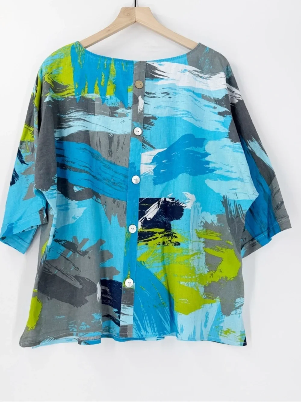 Ali Miles Linen Blend Blue Green Abstract Artsy Boxy 3/4 Sleeve Top 2X Lagenlook - Picture 5 of 5